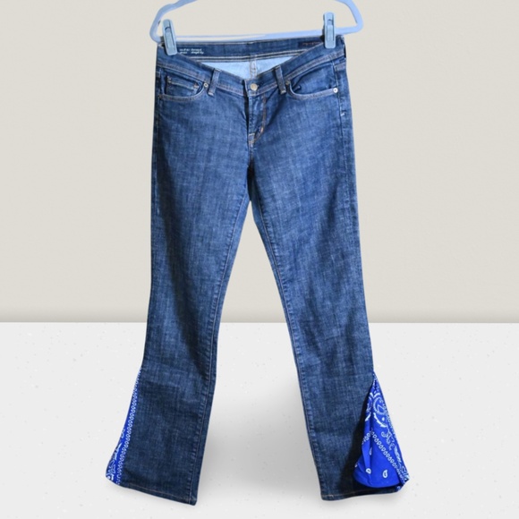 Dark Wash Jeans – Custom Flares with Blue Bandana Details - Picture 1 of 4